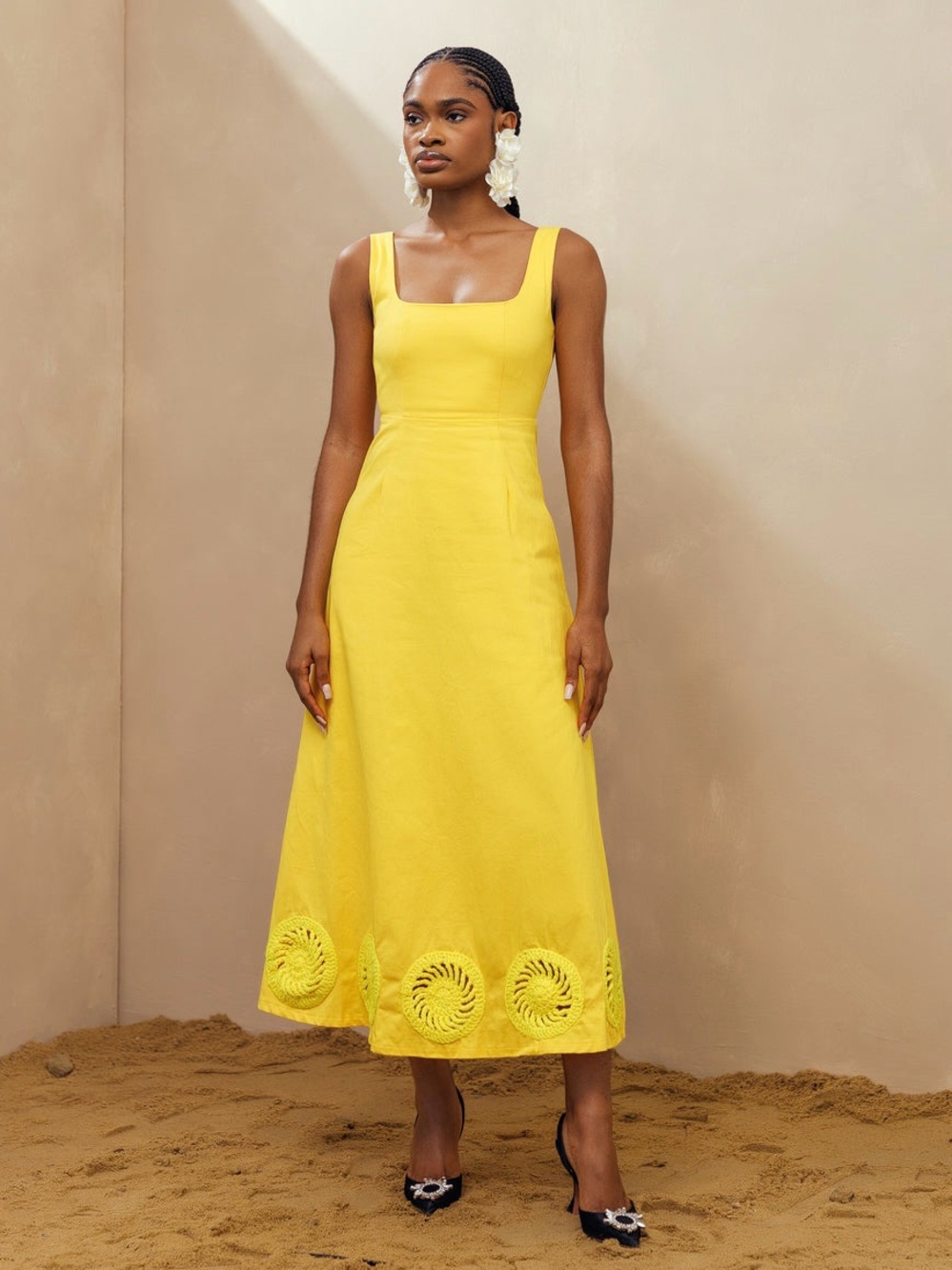 Elexiay Kwara Embroidered Midi Dress in Yellow Sz S MSRP $395 NWT